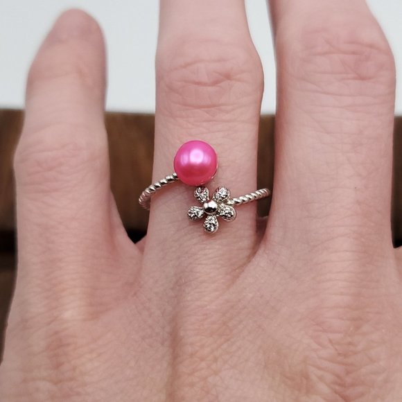 Size 8 925 Sterling Silver Pink Genuine Pearl And Flower CZ Gem Ring - Picture 1 of 8